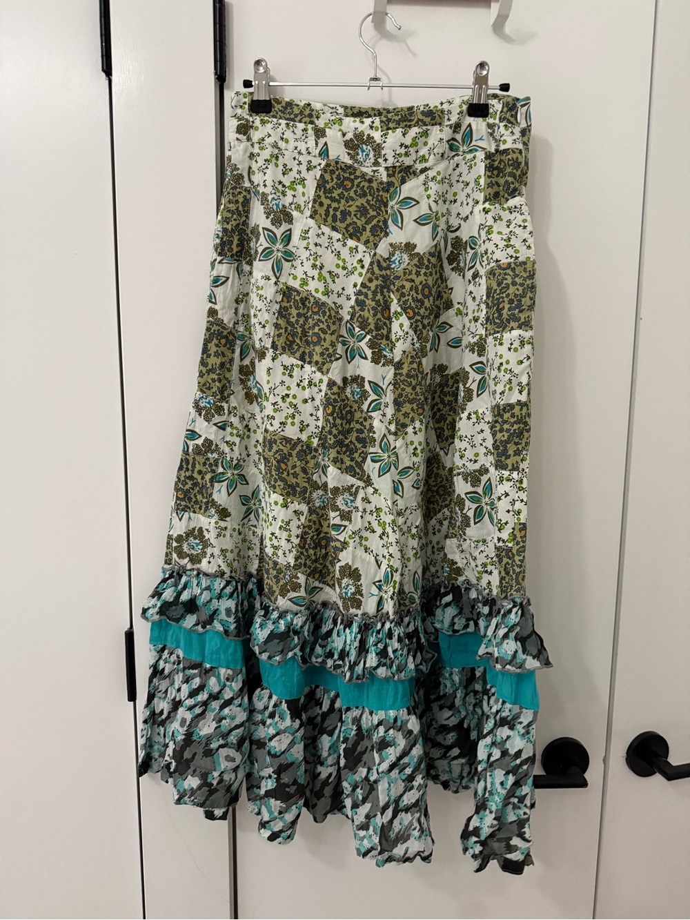 RAGA Green Floral Patchwork Maxi Skirt with Teal Ruffle